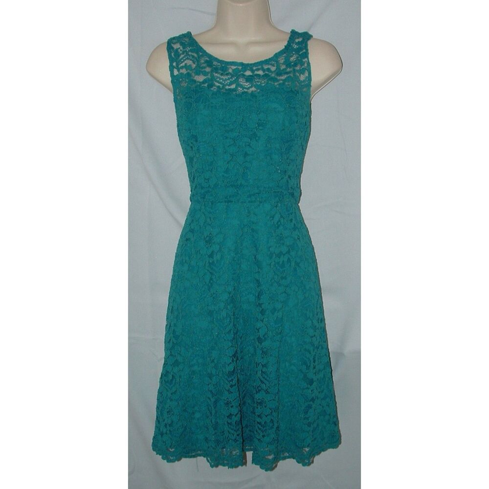 DAVID'S BRIDAL Turquoise Sz 10 Lacy Sleeveless Knee Length Fit & Flare Dress